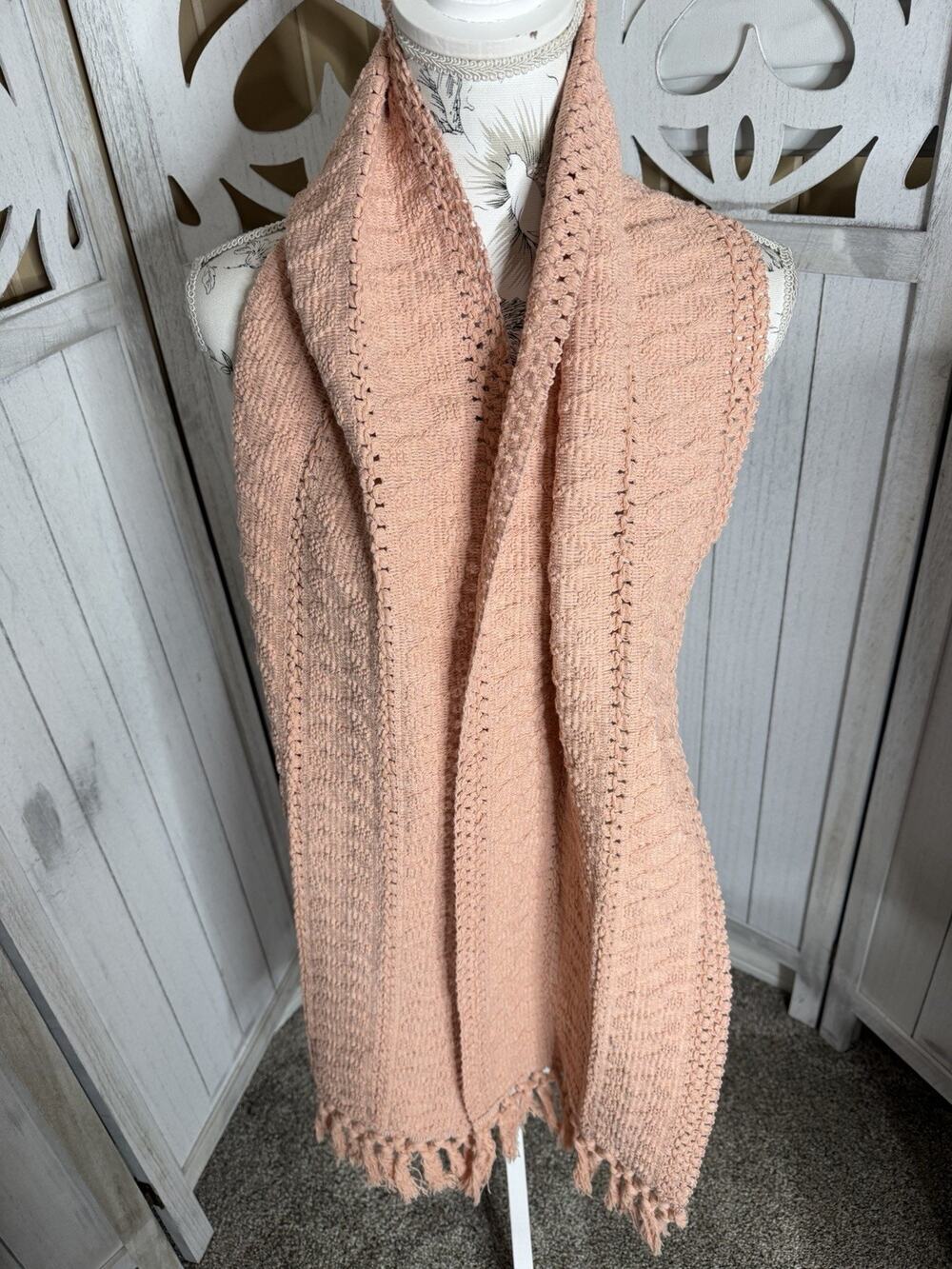 Crocheted Soft Peach PINK Knit Scarf Fringe Accent 80in X 11in